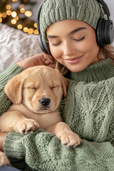 smiling young woman with a happy face next to her pet listening to music with the headphones on in the living room of her house, vertical, peace, relax, tranquility, best friend,