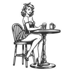 Fototapeta premium pin-up girl sitting at a table with beer mugs, evoking classic 1950s aesthetics sketch engraving generative ai fictional character vector illustration. Scratch board imitation. Black and white image.