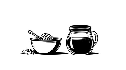A glass jar of honey with a metal lid, set beside a bowl of tea, vector illustration art