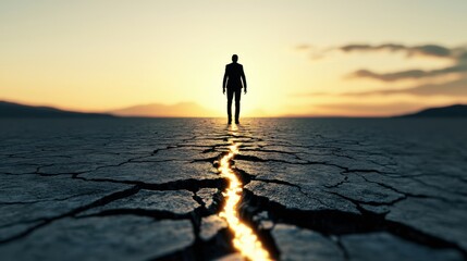 Fototapeta premium Mistakes are Part of Action: A figure walking along a path with cracks and stumbling blocks, but every step they take lights up a new part of the road, symbolizing growth through mistakes