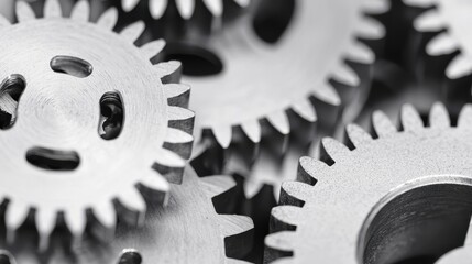 Multiple gears of different sizes interlocking and turning together, symbolizing the interdependence and harmony of a team working towards a common goal