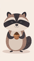 Obraz premium Chubby raccoon holding an acorn in minimalist design, exuding charm
