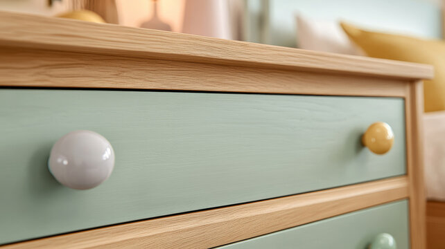 Close-up of wooden dresser drawers with pastel-colored knobs.