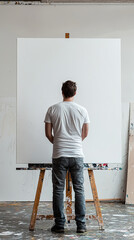 A painter standing before large blank canvas, preparing to create