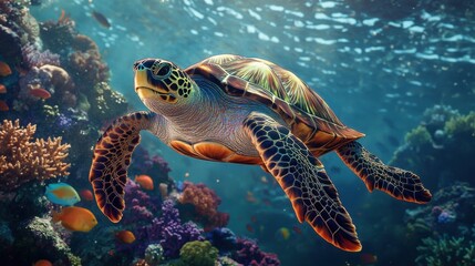 Obraz premium Sea Turtle Swimming Through Coral Reef