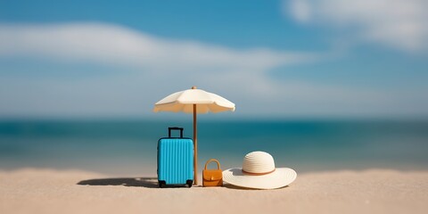 Obraz premium Sunny Beach Vacation Concept with Yellow Suitcase and Stylish Sun Hat on Sandy Shore