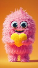 Fototapeta premium Pink fluffy toy monster holding a yellow heart smiling