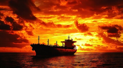 Fototapeta premium A giant vessel bobbing atop a vast expanse of blue, enveloped by an orange-yellow sky, in the heart of the ocean