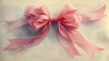 Pink ribbon bow lying on a white background