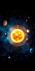 Obraz premium Vivid illustration of the solar system featuring a radiant sun and detailed planets against a starry space backdrop, ideal for educational and scientific themes.
