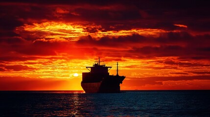 Obraz premium A massive ship atop a vast sea, bathed in warm red-yellow hues