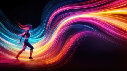 Fototapeta premium Positivity in Motion: A human figure in motion with vibrant, swirling energy trails following their movements, symbolizing the constant flow of positive energy in their life