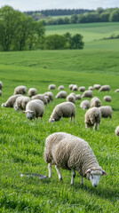 Obraz premium Grazing sheep on lush green pasture create serene rural scene