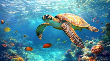 Obraz premium Sea Turtle Swimming in Coral Reef