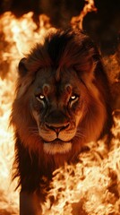 Naklejka premium Powerful lion emerging from burning fire