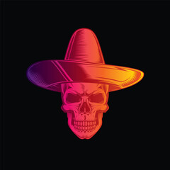 Skull in a sombrero. Dia De Los Muertos. Original vector illustration in vintage style isolated on black background. T-shirt design.