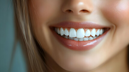 Obraz premium Close-up of a smiling woman showcasing bright, healthy teeth.
