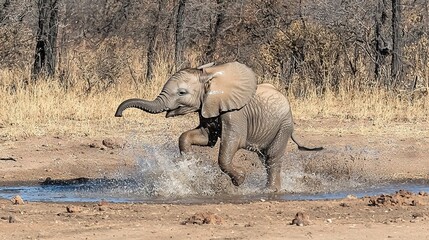 Fototapeta premium A baby elephant splashes in the water in front of tall trees in a parched forest