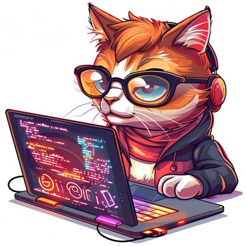 A cat programmer, coding with a laptop and coding symbols, tech illustration, isolated on white background