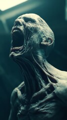 Screaming zombie emerging from the darkness with mouth open