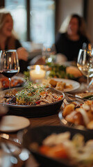 Fototapeta premium A festive Thanksgiving dinner with delicious dishes being shared among friends