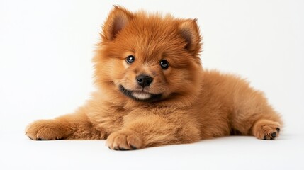 Adorable and cute light brown puppy is relaxing while looking at the camera isolated on white background