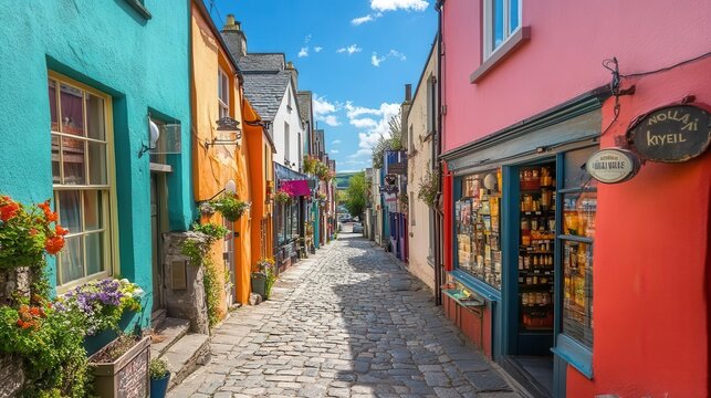 charming narrow cobblestone street in kinsale ireland lined with colorful historic buildings and quaint shops under a vibrant blue sky