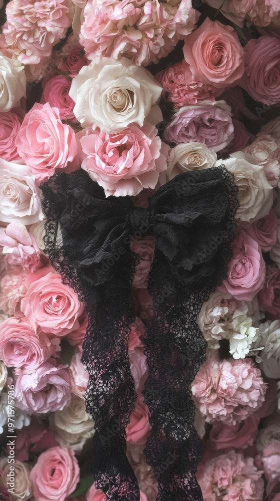 Canvas Prints black lace bow lying on a bouquet of roses