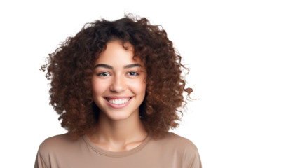 Portrait of a beautiful smiling African American woman with afro hair, isolated on transparent background PNG.

