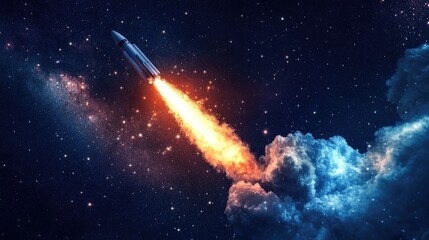 A powerful rocket blasts off into space, leaving a trail of fire and smoke against a starry backdrop.