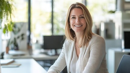cheerful businesswoman in a modern office setting radiating confidence and professionalism natural light illuminates her workspace highlighting a positive work environment