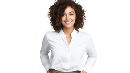 Cheerful young woman model with curly hairstyle on transparent background PNG.