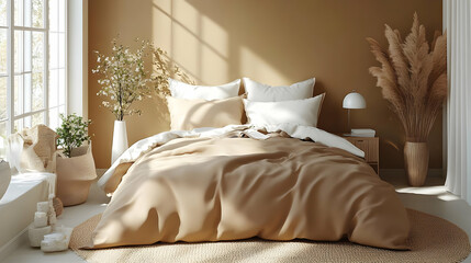 Cozy bedroom with warm tones and natural decor, creating a serene atmosphere.