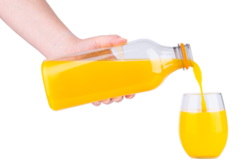 Glass of Orange juice. Organic orange or lemon drink in plastic bottle. One gallon of cold juice. Fresh fruit juice for drinking cocktail. Vitamin citrus tropical lemonade. Hand pouring juice in glass