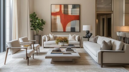 Fototapeta premium chic living room vignette sleek furniture arrangement featuring an eyecatching abstract art piece soft ambient lighting and carefully curated decor create a harmonious contemporary atmosphere