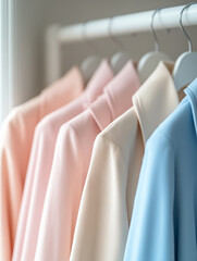 Fototapeta premium Close-up of pastel-colored shirts on hangers.