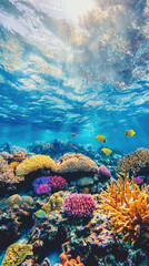 Vibrant coral reef with diverse marine life and sunlight filtering through water © Kitta Studio