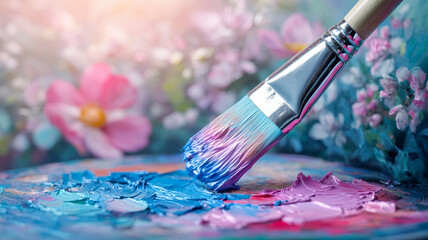 Obraz premium Paintbrush applying colorful paint with floral background.