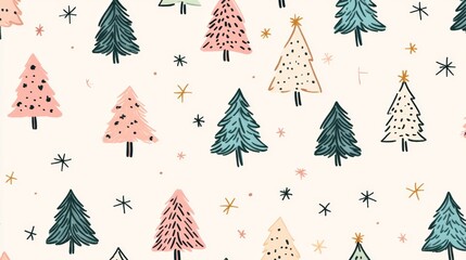 Cute Christmas Tree Doodle Pattern with Simple Festive