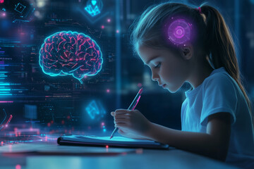 A young child takes notes under soft lighting while using a futuristic AI brain interface to enhance learning in a cozy study space