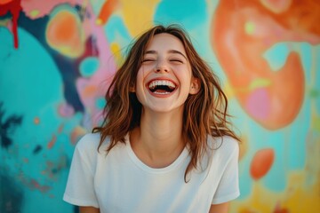 Woman Laughing at Colorful Wall