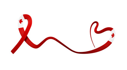 3d Flag Of Canada Heart Shaped Shiny Wavy Awareness Ribbon flag On White Background, 3d illustration

