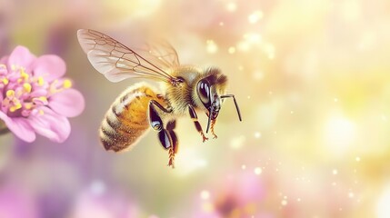 closeup of a honeybee in flight iridescent wings spread intricate details of fur and compound eyes pollencovered legs soft bokeh background of pastel flowers