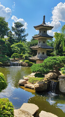 Naklejka premium Tranquil Japanese garden with stone pagoda and serene water features