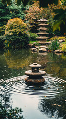 Naklejka premium Tranquil Japanese garden with stone pagoda overlooking serene pond