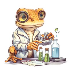 A frog scientist, handling test tubes with a microscope, cartoon style, isolated on white background