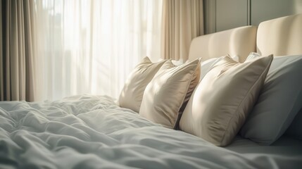 Fototapeta premium closeup of artfully arranged silk pillows on a luxurious bed soft morning light filtering through sheer curtains creating a serene and inviting atmosphere