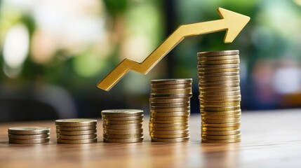 A golden arrow pointing upwards sits on top of a stack of gold coins, representing growth, success, and financial prosperity