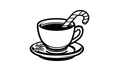 Single candy cane beside a cup of hot cocoa on a small saucer, vector illustration art