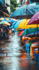 Colorful umbrellas lining vibrant outdoor street market in rain